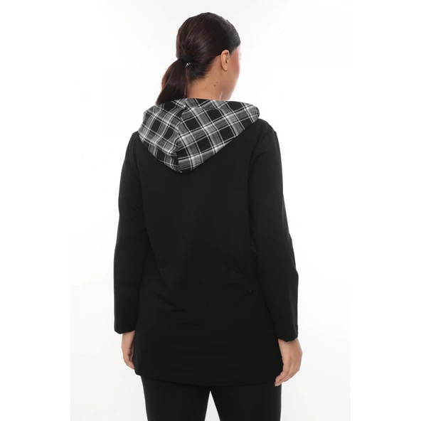 Ekose Kapüşonlu Fermuarlı Büyük Beden Spor Şık Hırka - 2