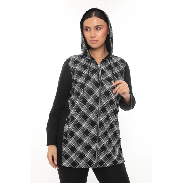 Ekose Kapüşonlu Fermuarlı Büyük Beden Spor Şık Hırka