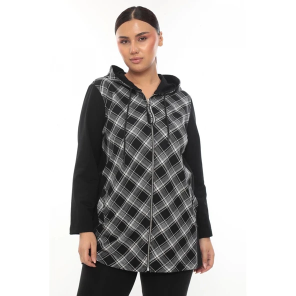 Ekose Kapüşonlu Fermuarlı Büyük Beden Spor Şık Hırka - 4