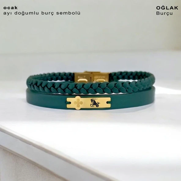 Burca Özel Çiçek Figürlü Hakiki Yeşil Derili 14 Ayar Altın Plakalı Hediye Bileklik-436 - Resim 2