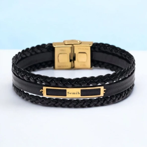 İsme Özel Dikdörtgen Motifli Hakiki Siyah Derili 14 Ayar Altın Plakalı Hediye Bileklik-437 ürün görseli