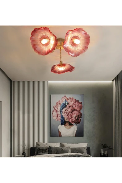 burenze Luxury Modern Exclusive Tasarım Mor Lila Kristal Camlı Flower Çiçek Üçlü Avize Eskitme Gold Sarı - 2