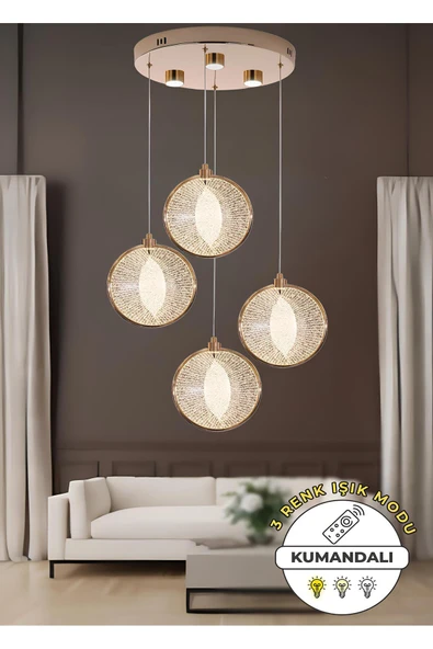 burenze Modern Tasarım Venezia Led Avize Dörtlü Sarkıt Avize Kumandalı 3 Renk Dimmer Özellikli Gold Sarı