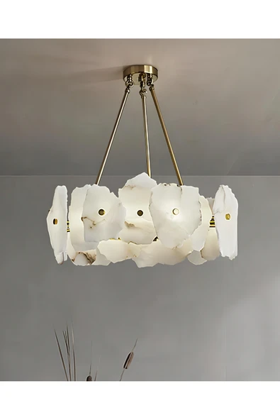 burenze Luxury Exclusive Modern Marble Tasarım Ledli Mermer Avize Eskitme Gold Sarı Led Avize 60 Cm Çap