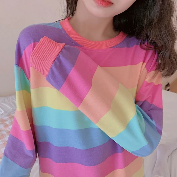 Kız Çocuk Pamuklu Gökkuşağı Çizgili Tişört Bol Uzun Kollu - Resim 3