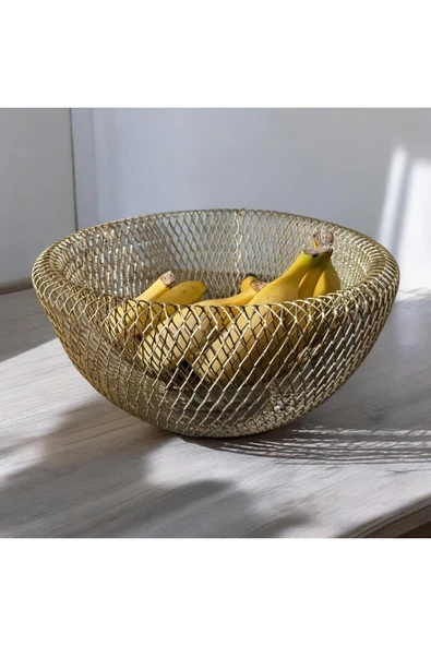 burenze Modern Tasarım Fiko Sunum Dekoratif Sebzelik Meyvelik Metal Sebze Ve Meyve Sepeti Sunumluk Gold Sarı - 2