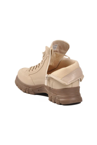 Aspor Bej İçi Kürklü Fermuarlı Bağcıklı Kadın Sneaker Bot - Resim 4