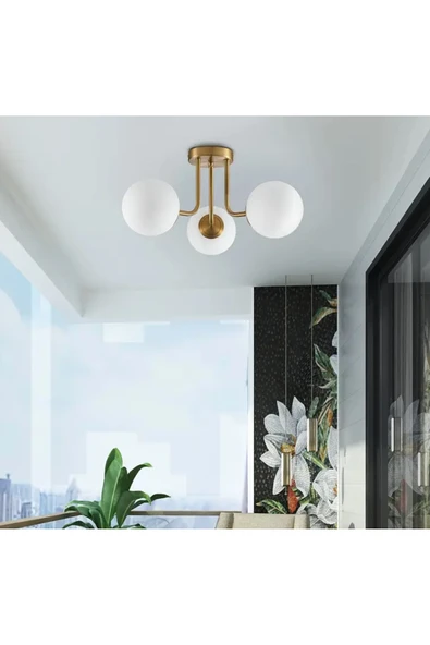burenze Modern Tasarım Tavana Sıfır Emma Beyaz Glop Camlı Avize Salon Mutfak Oturma Odası Avize Eskitme Gold - 4