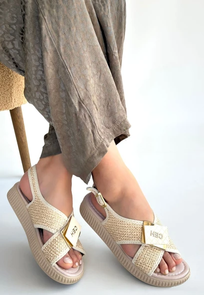 Pabucmarketi Bej Hasır Kadın Düz Sandalet - 2