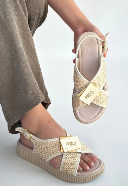 Pabucmarketi Bej Hasır Kadın Düz Sandalet - 3