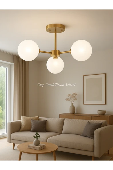 burenze Camlı Avize Glop Mat Beyaz Camlı Eskitme Gold Sarı Plafonyer Tavan Avizesi 3xE-27 Duy - 1
