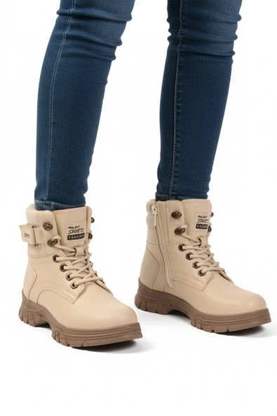 Aspor Bej Vizon İçi Polarlı Fermuarlı Kadın Bot - Resim 2