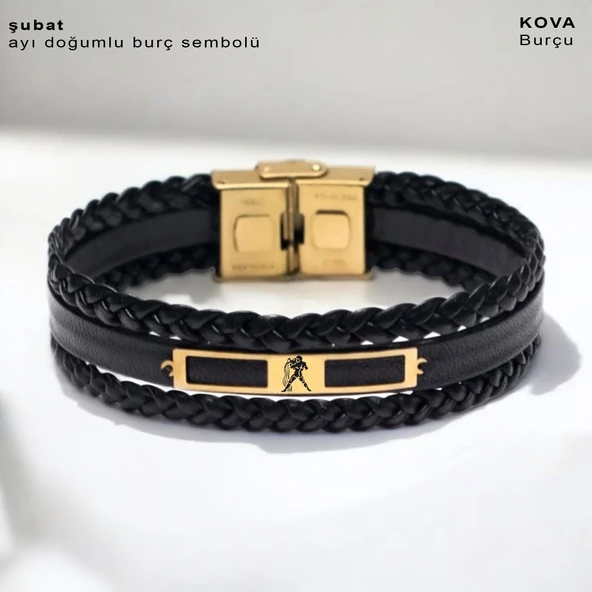 Burca Özel Dikdörtgen Motifli Hakiki Siyah Derili 14 Ayar Altın Plakalı Hediye Bileklik-437 ürün görseli