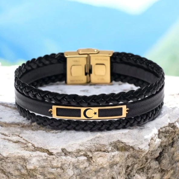 Sembole Özel Hakiki Siyah Derili 14 Ayar Altın Plakalı Dikdörtgen Motifli Hediye Bileklik-437 ürün görseli