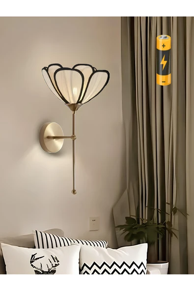 burenze Modern Tasarım Rose Çiçek Lale Kablosuz Pilli Aplik Eskitme Gold Sarı Gövde Ekru Kumaş Tak Çalıştır ürün görseli 1