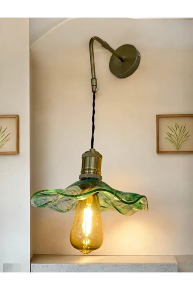 burenze Modern Classic Sarkıt Aplik Eskitme Gold Detaylı Kahve Örgülü Yeşil Camlı Sarkıt Aplik - 2