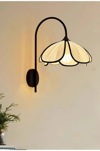 burenze Modern Tasarım Rose Çiçek Duvar Aplik Siyah Gövde Krem Kumaş Elektrikle Çalışır - Resim 2