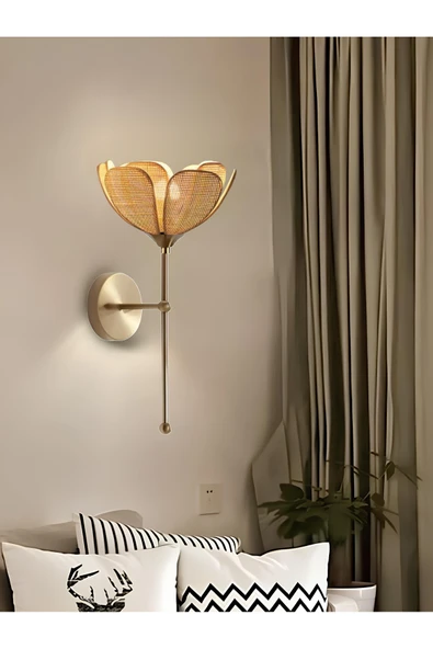 burenze Modern Tasarım Rose Çiçek Aplik Boheme Hazeran Hasır Kumaş Eskitme Gold Elektrikle Çalışır - Resim 2