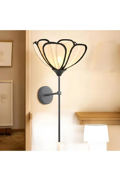 burenze Modern Tasarım Rose Çiçek Lale Aplik Kablolu Elektrikle Çalışır Siyah Gövde Ekru Kumaş - Resim 3