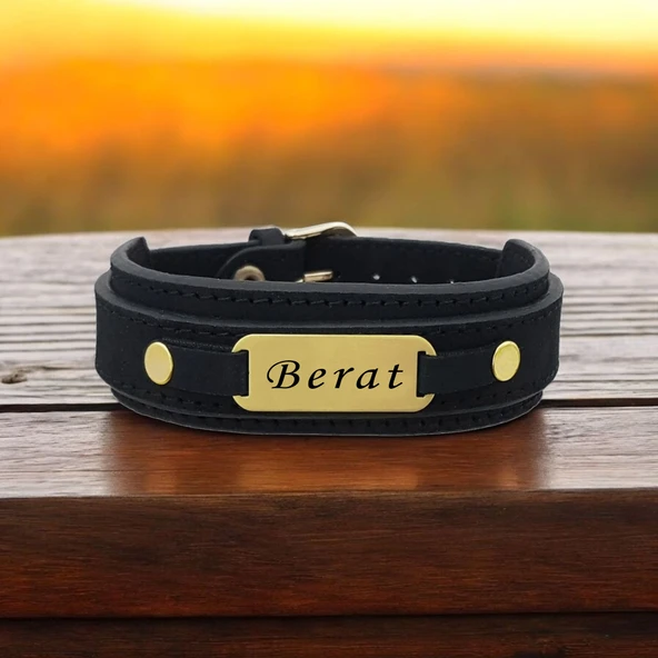 İsme Özel Oval Figürlü Hakiki Siyah Derili 14 Ayar Altın Plakalı Hediye Bileklik-438 ürün görseli