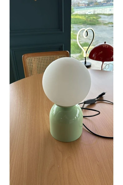 Fico Home Modern Abajur Camlı Masa Lambası Mint Green Beyaz Glop Cam - Resim 3