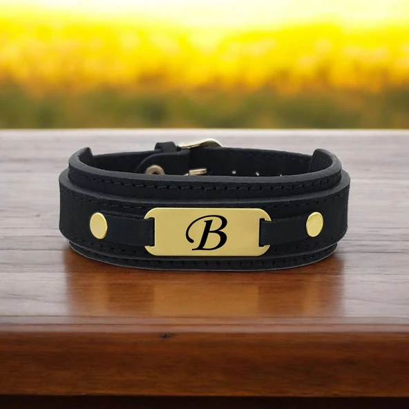Harfe Özel 14 Ayar Altın Plakalı Oval Figürlü Hakiki Siyah Derili Hediye Bileklik-438 ürün görseli