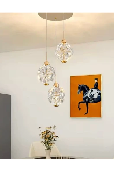 burenze Modern Led Sarkıt Avize French Gold Kristal Taşlar Şık Görsellilk Katar 3 lü - 1