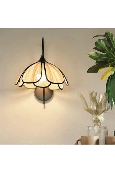 burenze Modern Tasarım Rose Çiçek Duvar Aplik Siyah Gövde Krem Kumaş Elektrikle Çalışır - Resim 3