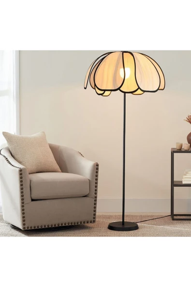 burenze Boheme Modern Tasarım Palm Burenze Dekoratif Lambader Siyah Gövde Ekru Kumaş Abajur - 4