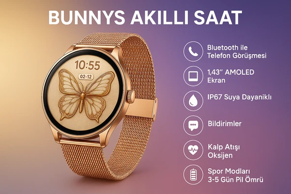 Bunnys Samsung Galaxy M15 Uyumlu 1.43" AMOLED Ekran Akıllı Saat – Su Geçirmez Kadınlar İçin - 1