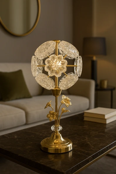 burenze Modern Tasarım Crystal Kristal Taşlı Abajur Masa Lambası 3 Renk Işıklı Parlak Gold Sarı Gövde ürün görseli 1