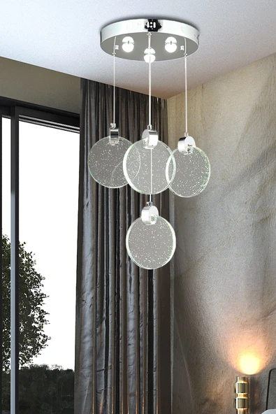 burenze Luxury Modern Sarkıt Dörtlü Power Led Avize Camlı Krom