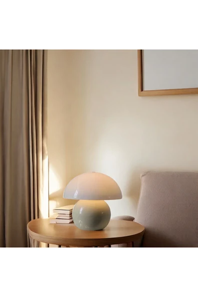Fico Home Modern Abajur Krem Mushroom Masa Lambası Metal Şapka Metal Gövde - Resim 2