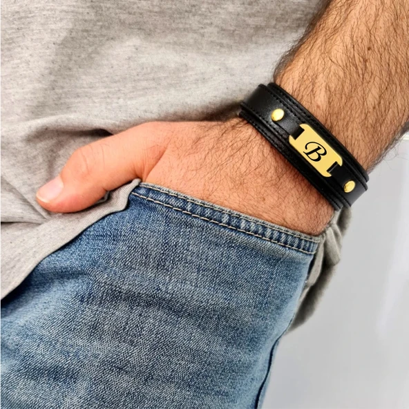 Harfe Özel 14 Ayar Altın Plakalı Oval Figürlü Hakiki Siyah Derili Hediye Bileklik-438 - Resim 2