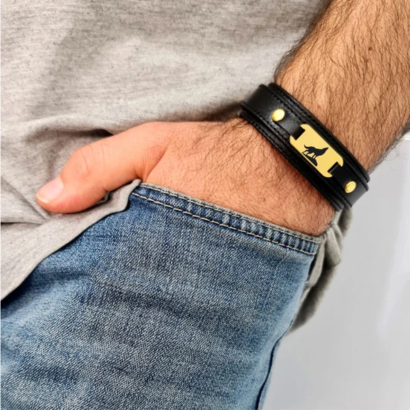 Sembole Özel Hakiki Siyah Derili 14 Ayar Altın Plakalı Oval Figürlü Hediye Bileklik-438 - Resim 2