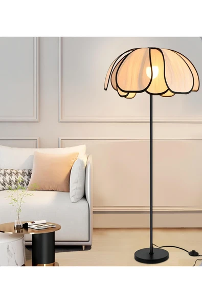 burenze Boheme Modern Tasarım Palm Burenze Dekoratif Lambader Siyah Gövde Ekru Kumaş Abajur - 2