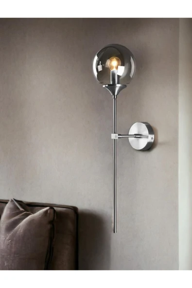 Fico Home Modern Tasarım Pilli Aplik Kablosuz Tak Çalıştır Aç Kapa Butonlu Krom Gövde Füme Camlı Aplik - 2