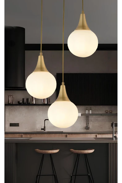 burenze Modern 3'lü Sarkıt Beyaz Opal Camlı Salon Mutfak Oturma Odası Avize Eskitme Gold ürün görseli 1