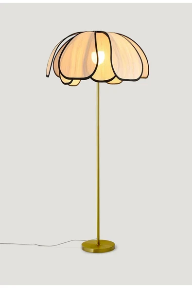 burenze Boheme Modern Tasarım Palm Burenze Dekoratif Lambader Eskitme Gold Gövde Ekru Kumaş Abajur - 2