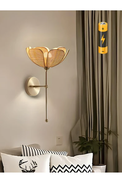 burenze Modern Bohem Tasarım Rose Çiçek Aplik Kablosuz Pilli Aplik Hazeran Hasır Kumaş Eskitme Gold - 3