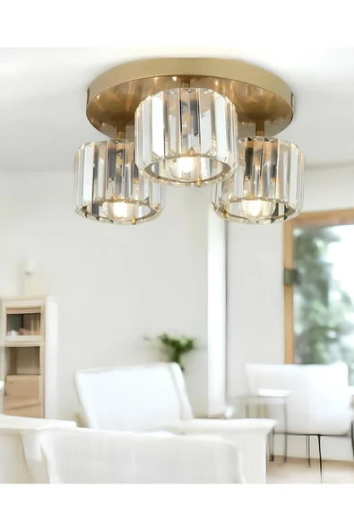 burenze Modern Tasarım Kristal Taşlı Tavana Sıfır Üçlü Avize Salon Oturma Odası Mutfak Avizesi Eskitme Gold