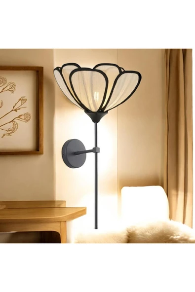 burenze Modern Tasarım Rose Çiçek Lale Aplik Kablolu Elektrikle Çalışır Siyah Gövde Ekru Kumaş - Resim 4