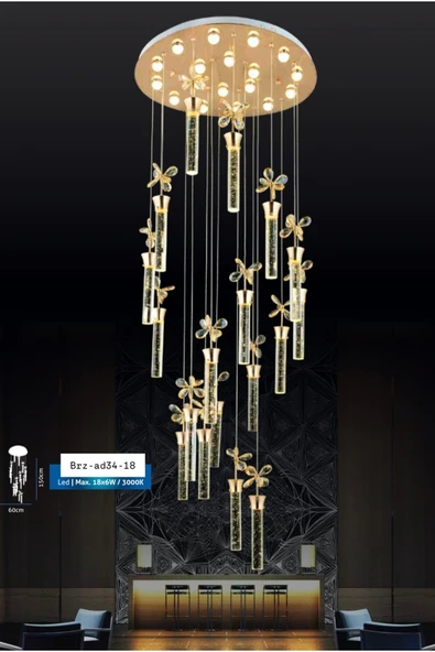 burenze Luxury Exclusive Modern Kristal Led Sarkıt Avize 18 li Kumandalı 3 Renk