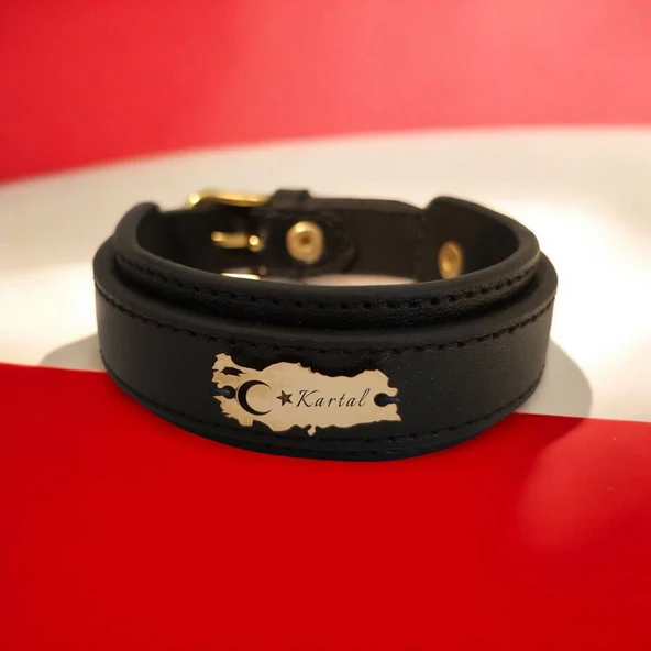 Vatan Severler İçin İsme Özel Türkiye Haritalı Hakiki Siyah Derili 14 Ayar Altın Plakalı Hediye Bileklik-440 ürün görseli