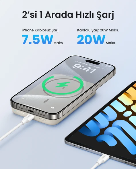 UGREEN 10.000 mAh 20W Magsafe Wireless Kablosuz Hızlı Powerbank, 25208 - 6