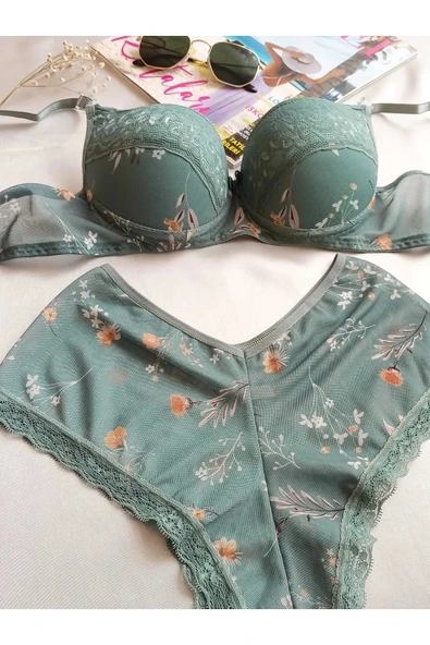 Miss Perry Kadın Dolgulu Destekli Çiçek Desenli Yeşil Boxer Tip Iç Çamaşır Takımı - Resim 2