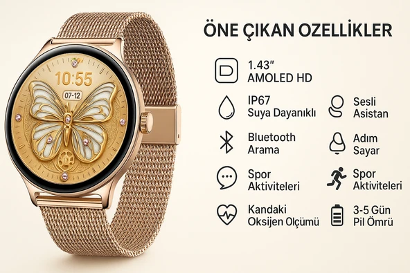 Bunnys iPhone 14 Uyumlu Şık Kadın Akıllı Saat – Su Geçirmez, Yuvarlak Çelik Kasa, Metal Kordon - 3