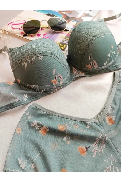 Miss Perry Kadın Dolgulu Destekli Çiçek Desenli Yeşil Boxer Tip Iç Çamaşır Takımı ürün görseli 1