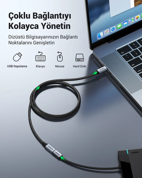 UGREEN USB-C Erkek - USB-C Dişi Gen-2 Örgülü Uzatma Kablosu 1 m, Uzay Grisi, 30205 - 3