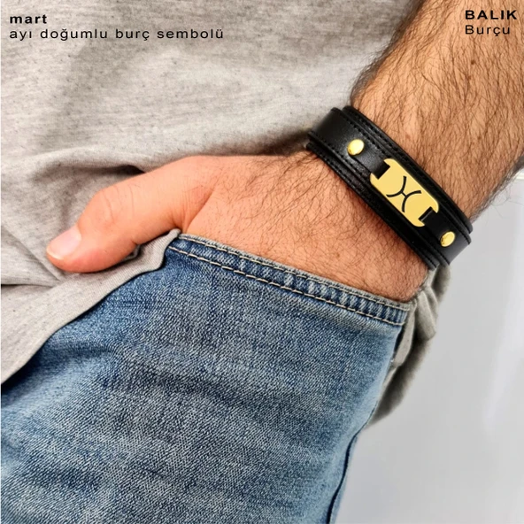 Doğum Ayına Özel 14 Ayar Altın Plakalı Oval Figürlü Hakiki Siyah Derili Hediye Bileklik-438 - Resim 2